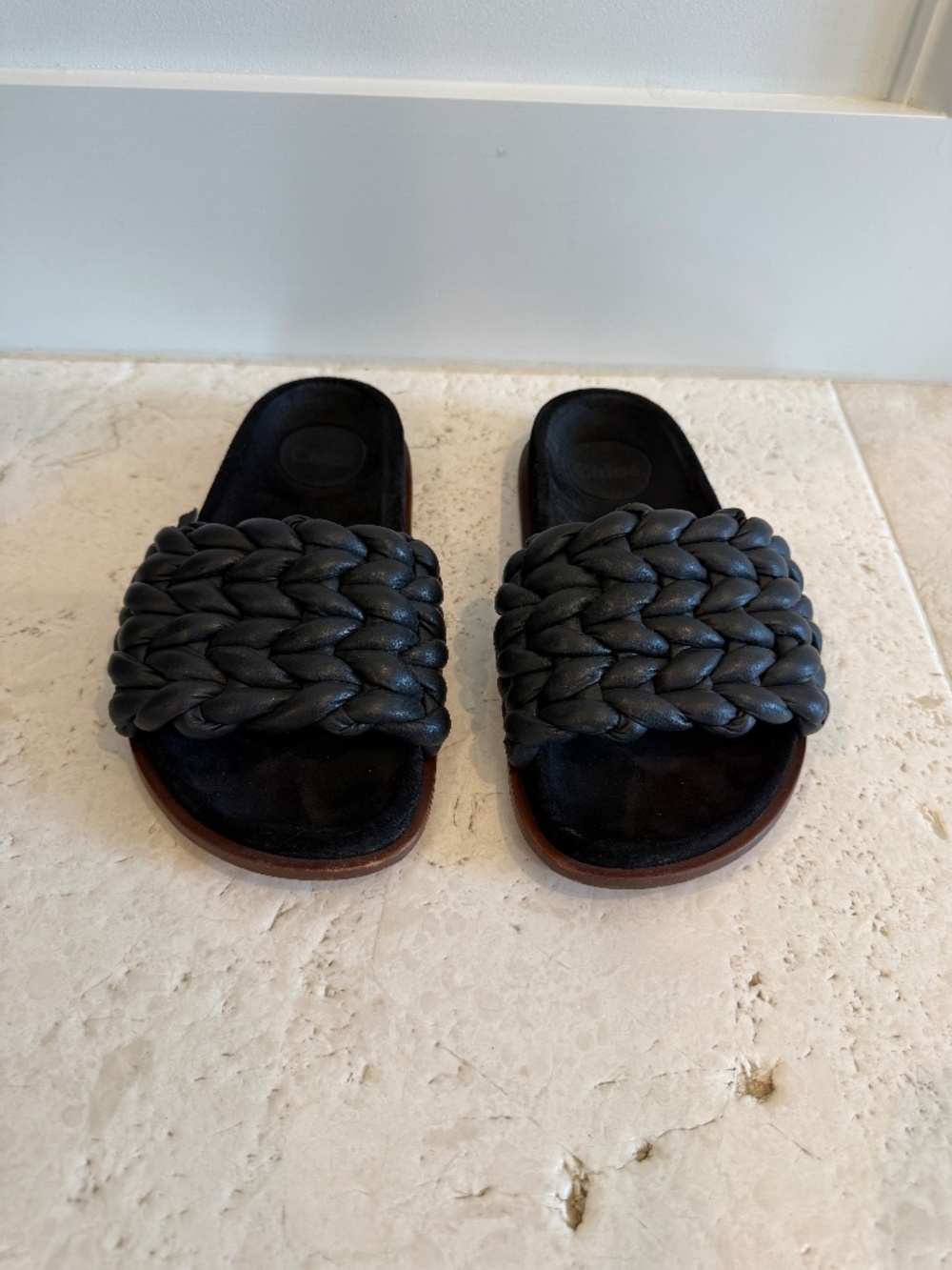 Chloé Black Braided Leather Woody Flat Slide Sandals Size 38